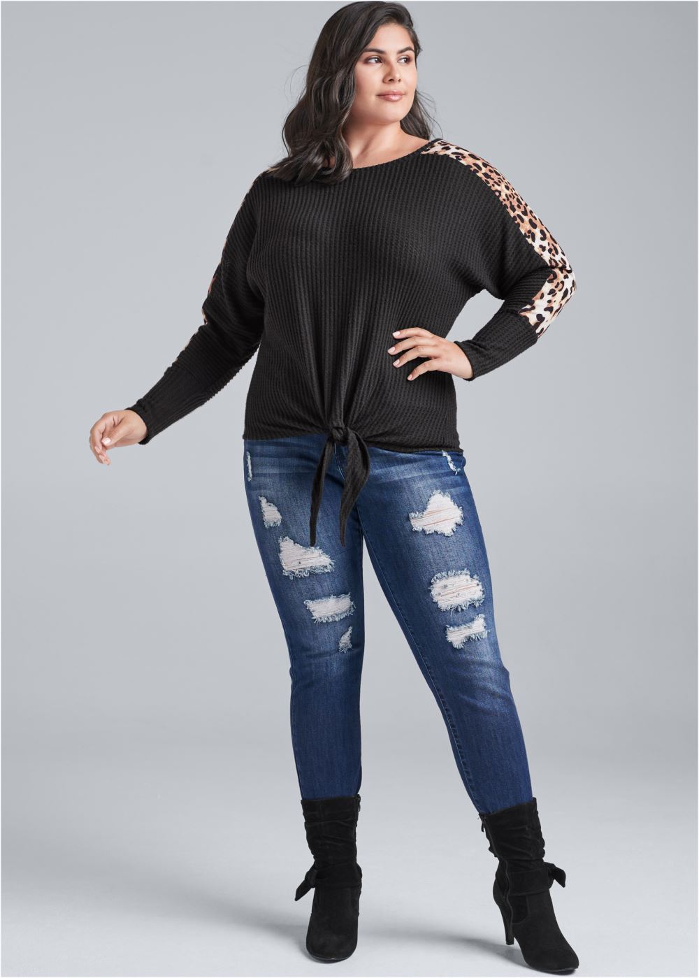 Venus Plus Size Print Stripe Lounge Top in Black Multi