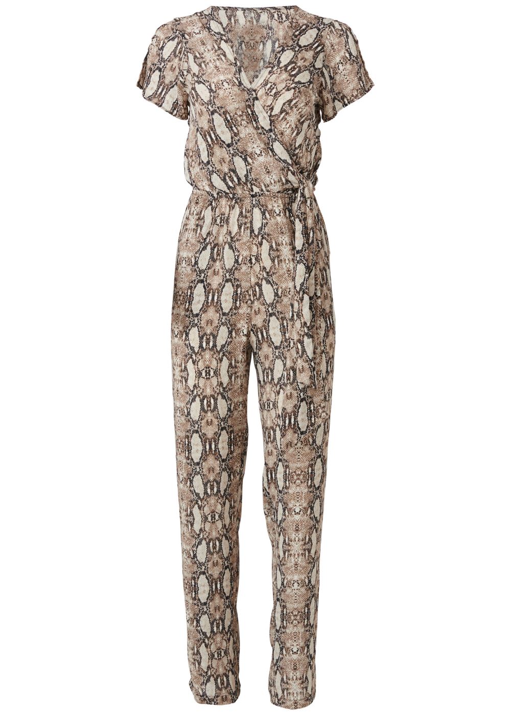 Venus Plus Size Tie-Front Python Jumpsuit in Taupe Multi