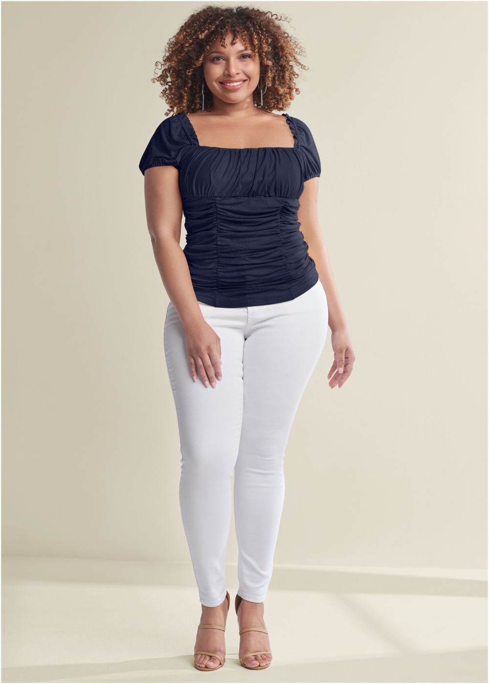 Venus Plus Size Ruched Mesh Short Sleeve Top