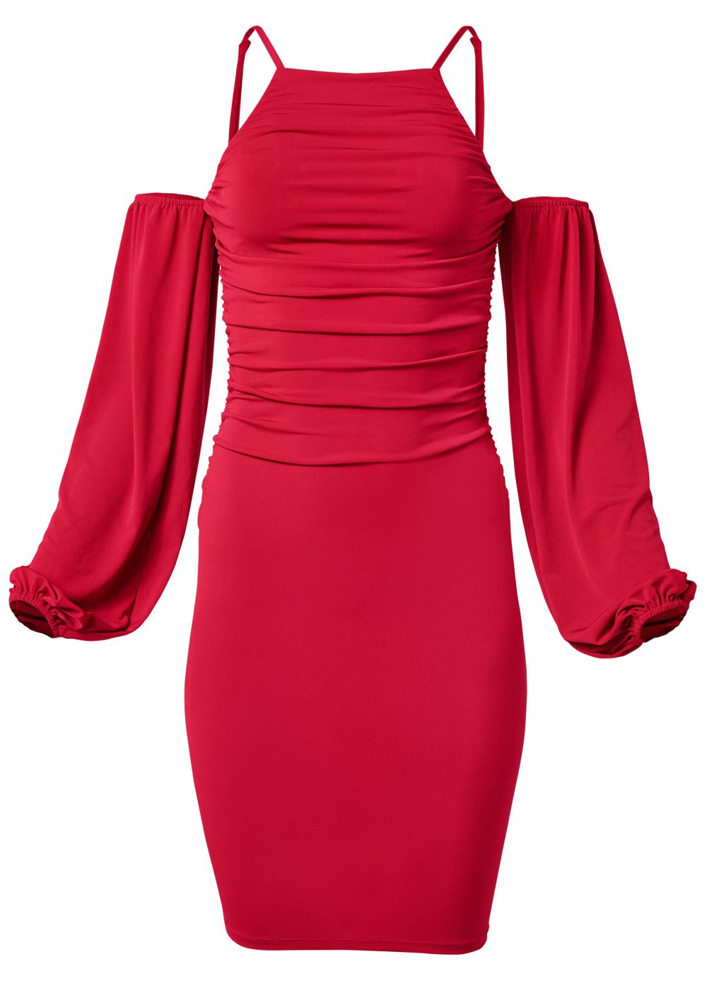 Venus Red COLD-SHOULDER RUCHED DRESS