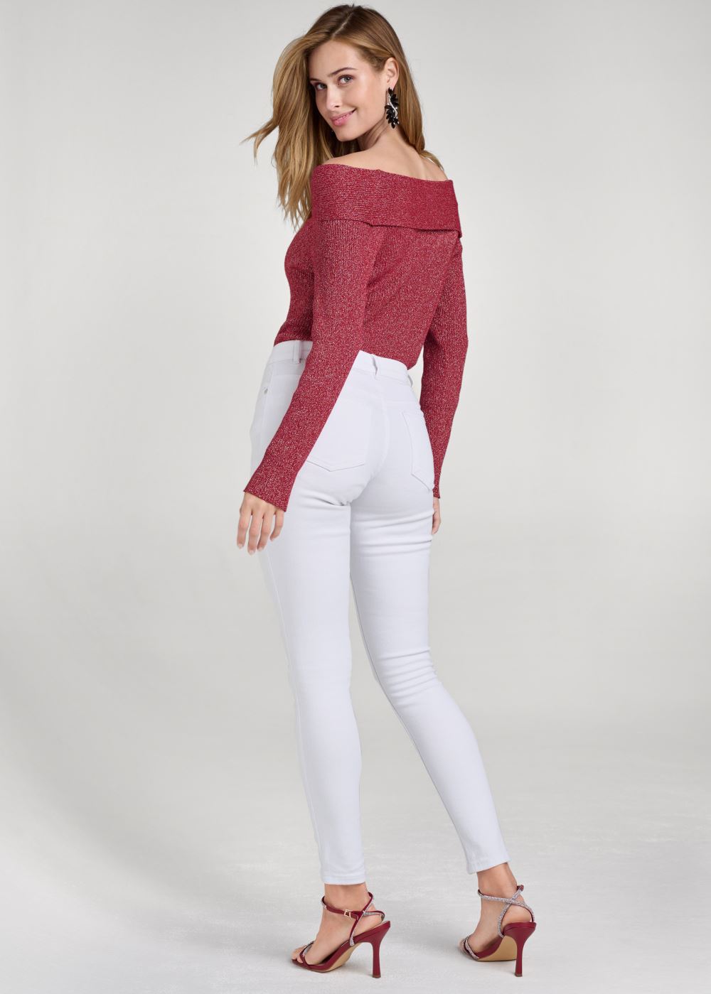 Venus Plus Size Off-The-Shoulder Shimmer Sweater in Red Multi