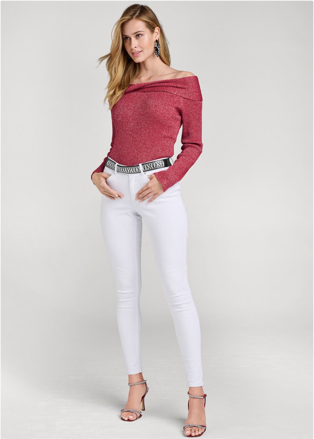 Venus Plus Size Off-The-Shoulder Shimmer Sweater in Red Multi