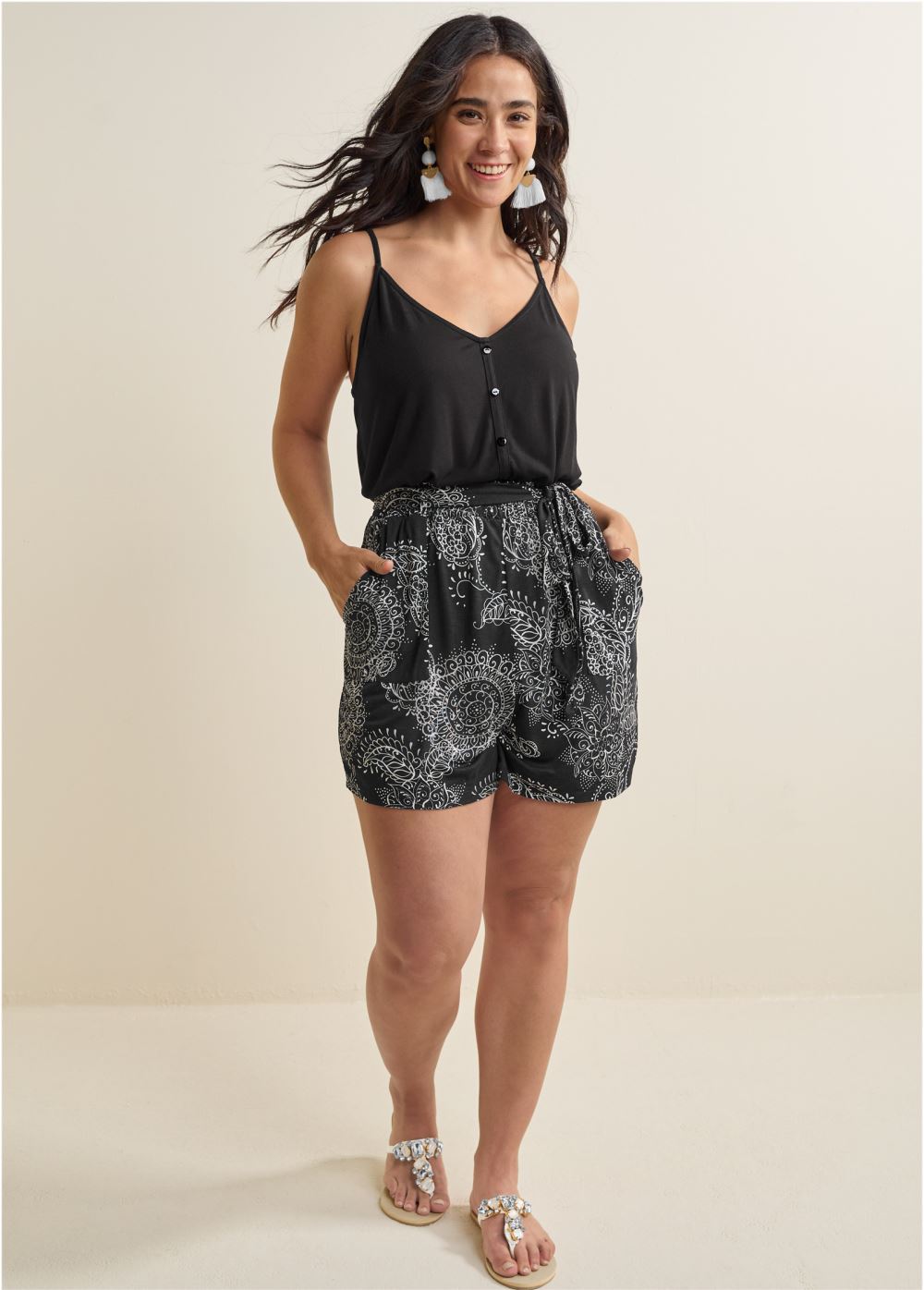 Venus Plus Size Bottom Printed Romper in Black Multi