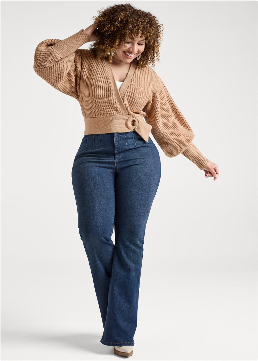 Venus Light Brown WRAP BALLOON SLEEVE SWEATER