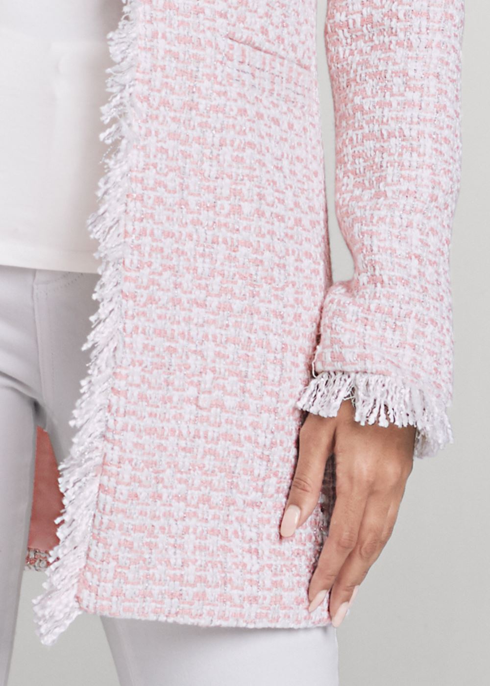 Venus Open Front Tweed Fringe Jacket in Pink & White