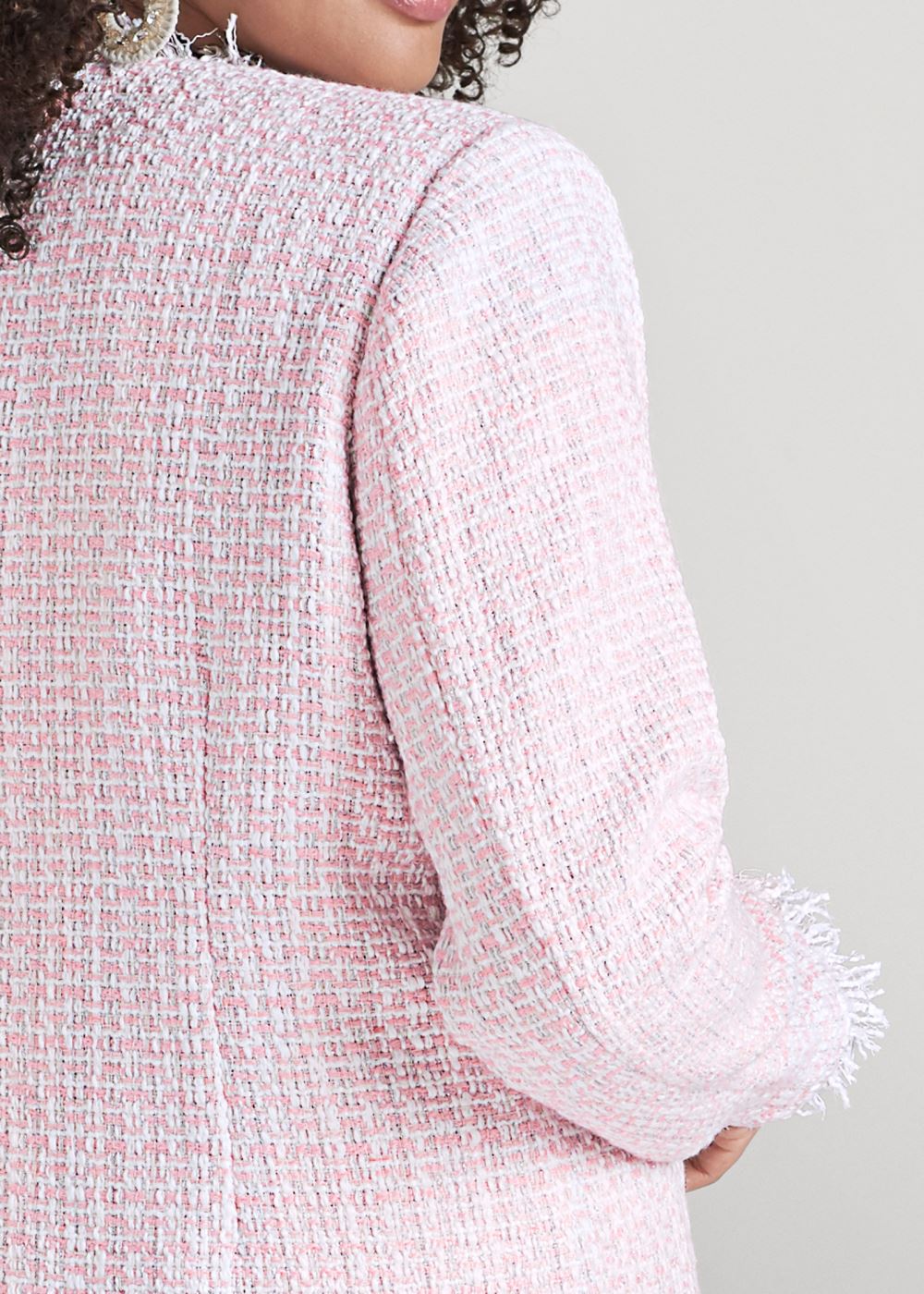 Venus Open Front Tweed Fringe Jacket in Pink & White