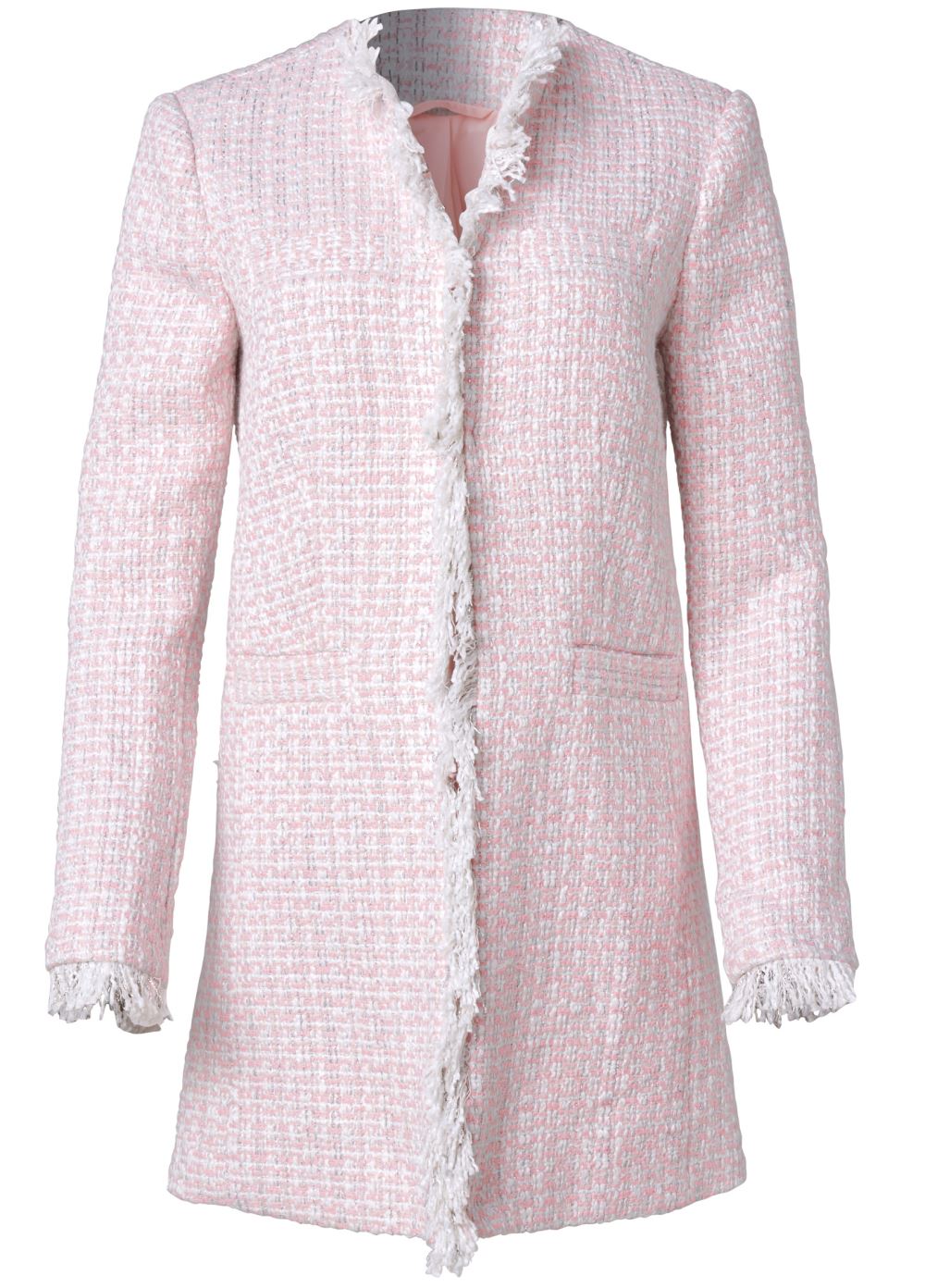 Venus Open Front Tweed Fringe Jacket in Pink & White