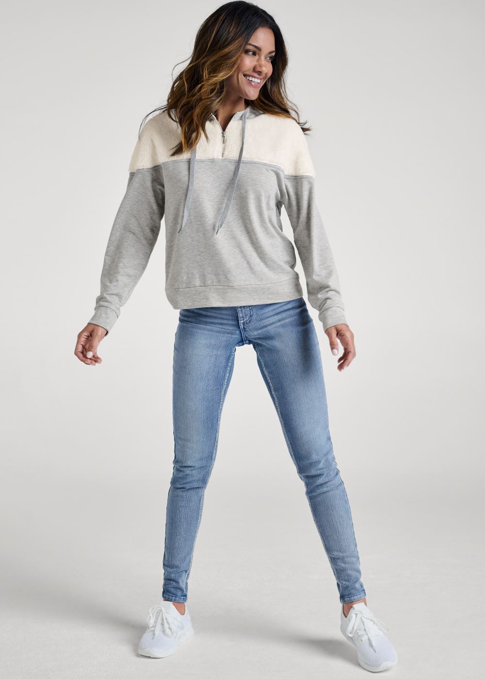 Venus Plus Size Sherpa Neck-Zip Sweatshirt in Off White & Heather Grey