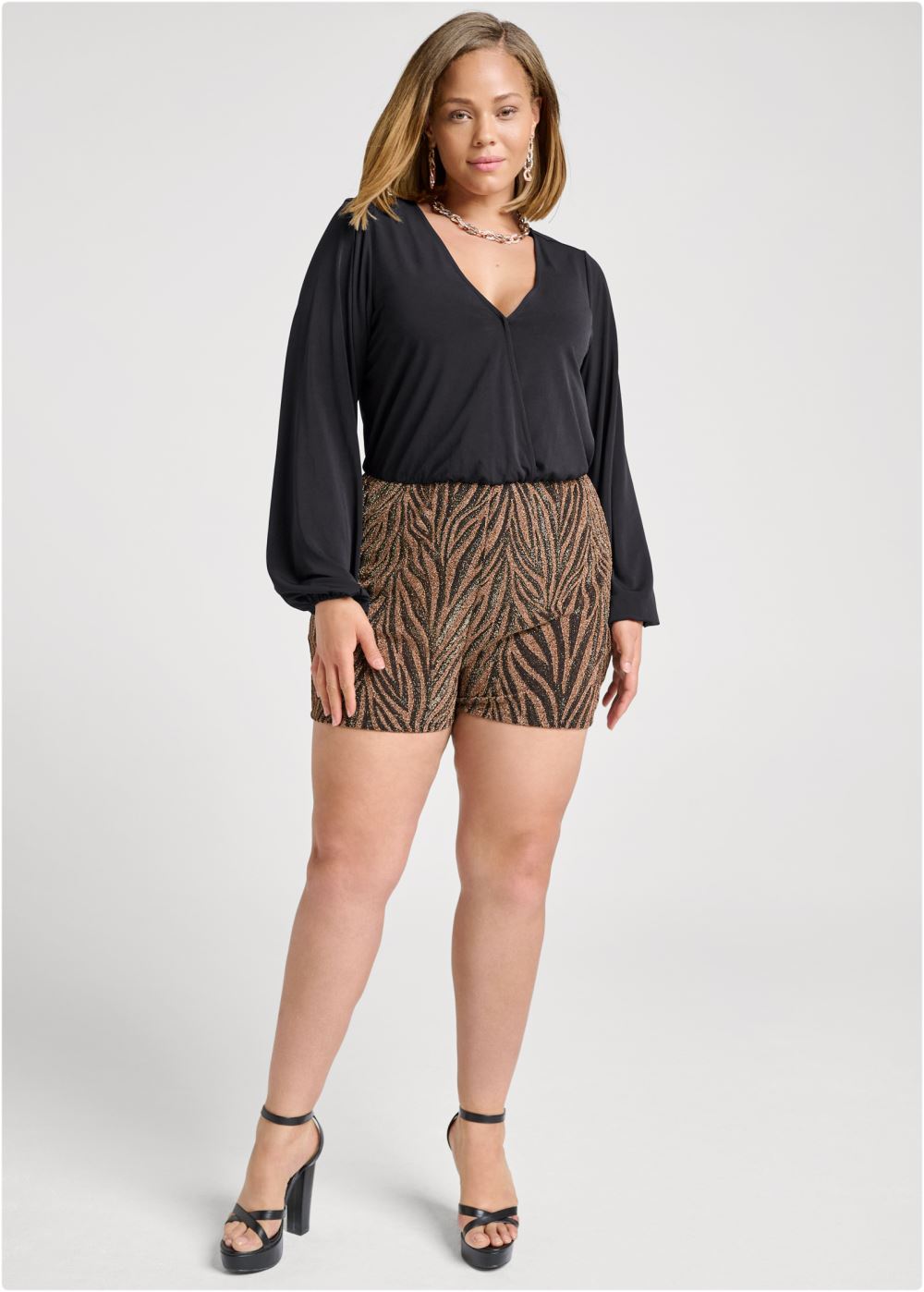 Venus Plus Size Animal Print Shimmer Romper in Black Multi