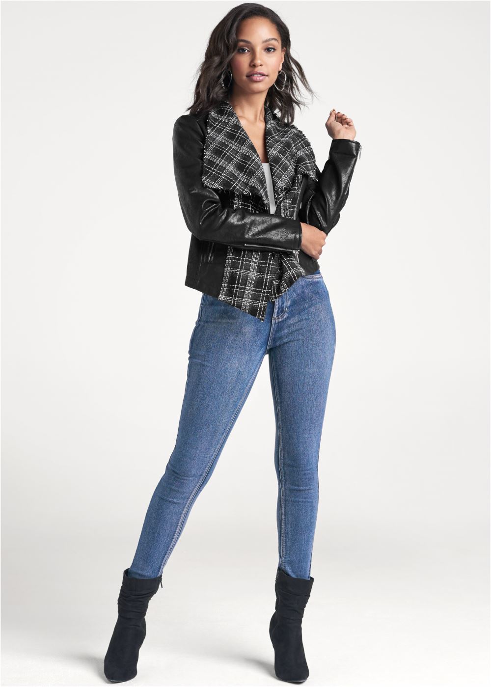 Venus Faux-Leather Tweed Jacket in Black Multi