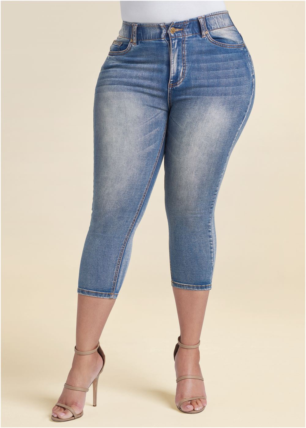 Venus Plus Size Elastic Waistband Jean Capris in Medium Wash