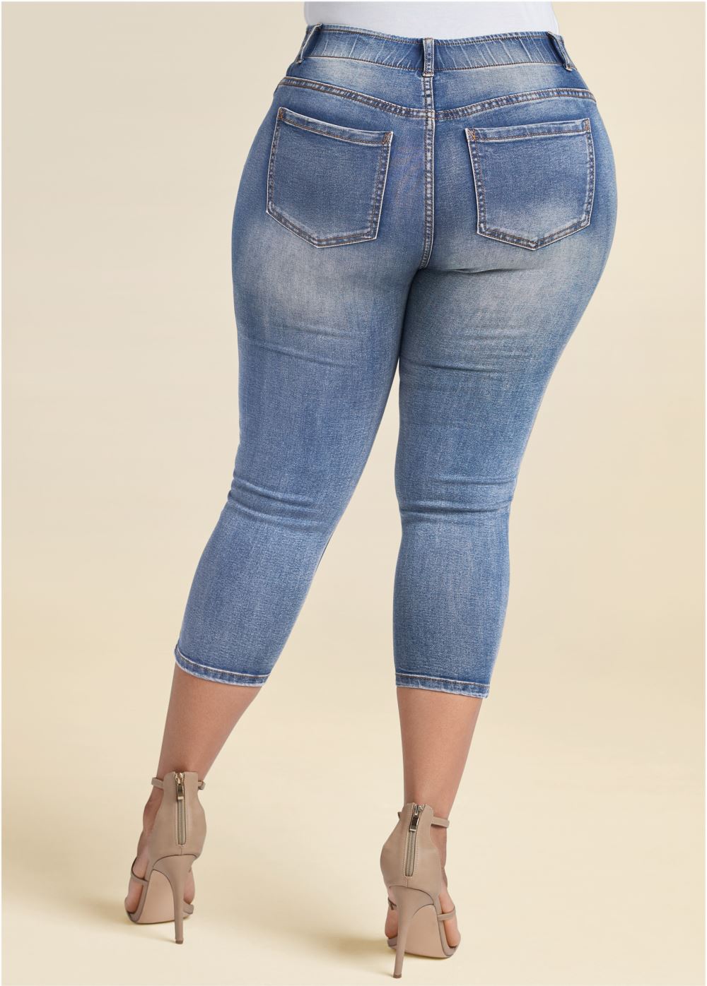Venus Plus Size Elastic Waistband Jean Capris in Medium Wash