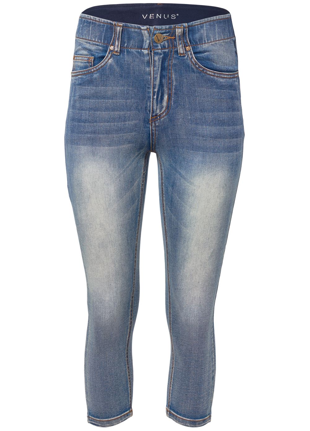 Venus Plus Size Elastic Waistband Jean Capris in Medium Wash