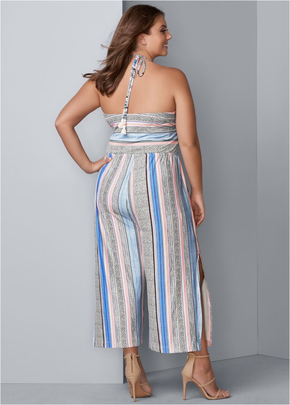 Venus Plus Size Tassel Halter Jumpsuit in Light Blue Multi