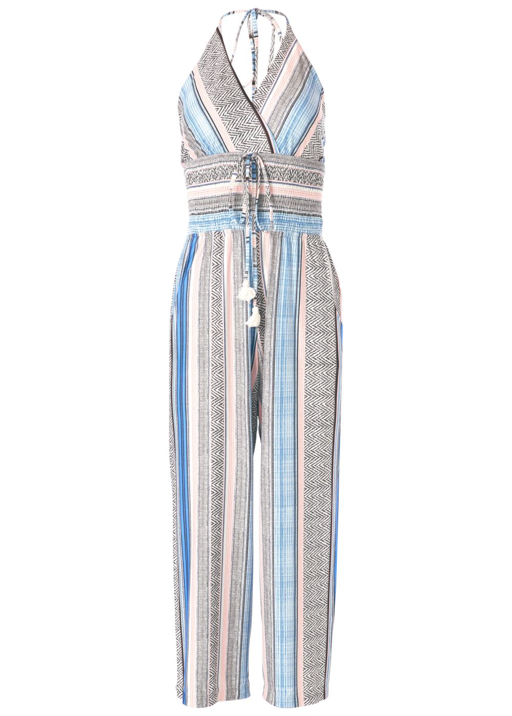 Venus Plus Size Tassel Halter Jumpsuit in Light Blue Multi