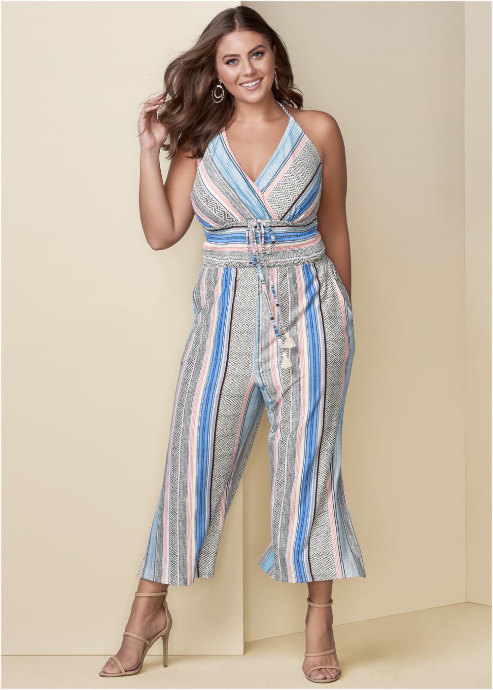 Venus Plus Size Tassel Halter Jumpsuit in Light Blue Multi