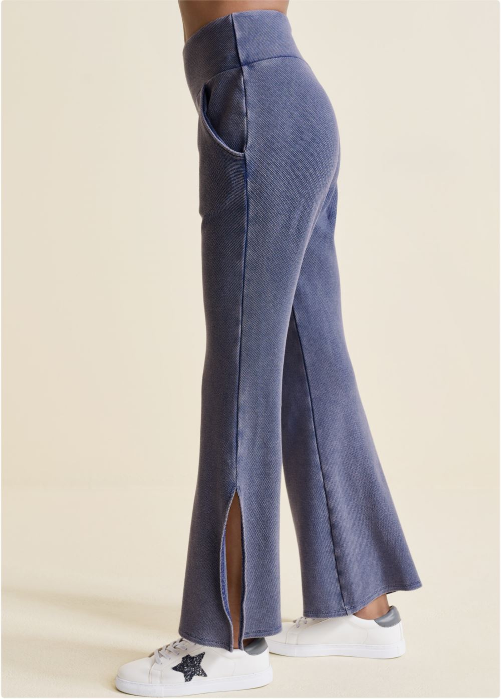 Venus Plus Size Washed Slit Flare Leg Pants in Dark Blue