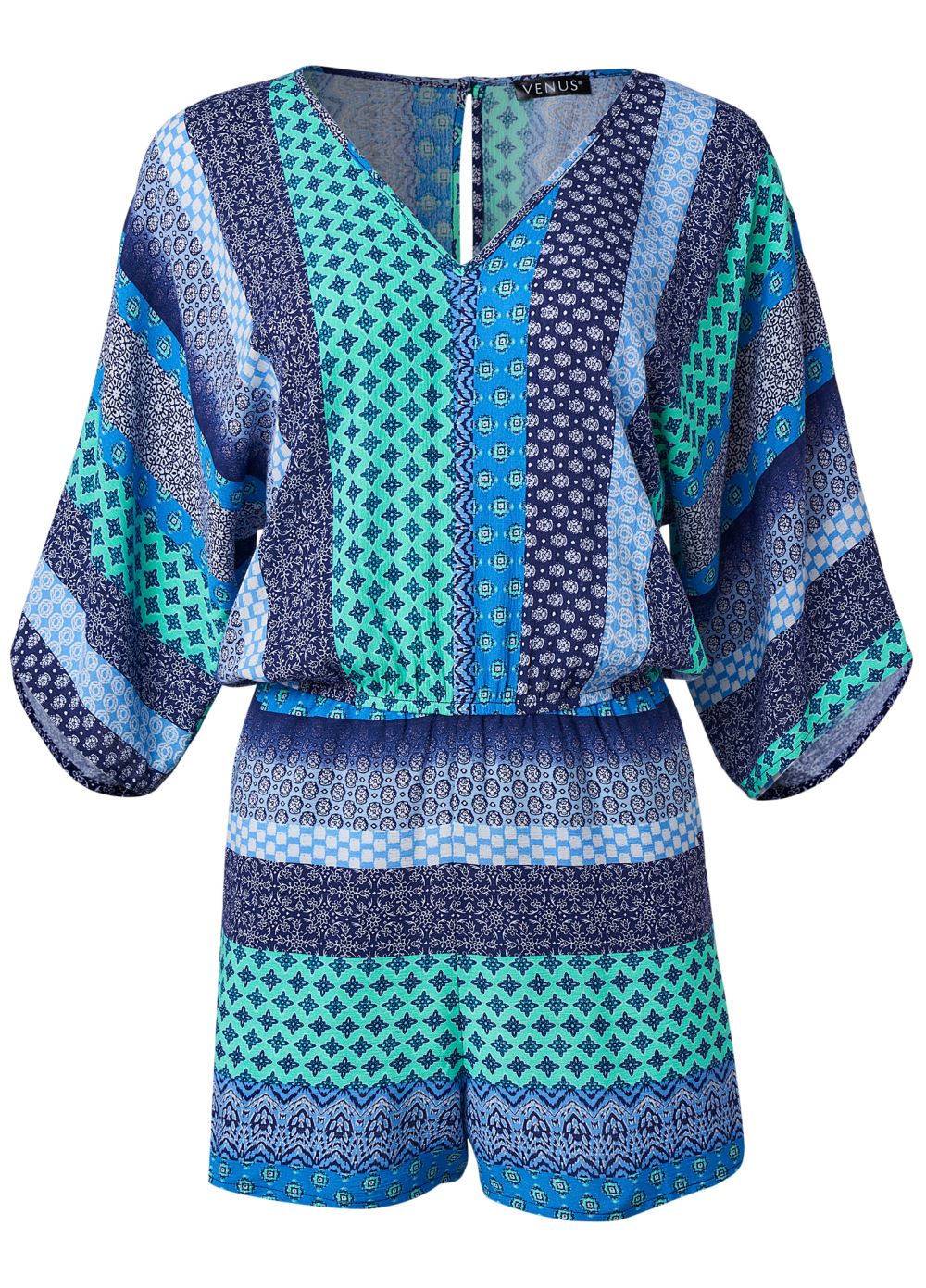 Venus Plus Size Mixed Print Romper in Green Multi
