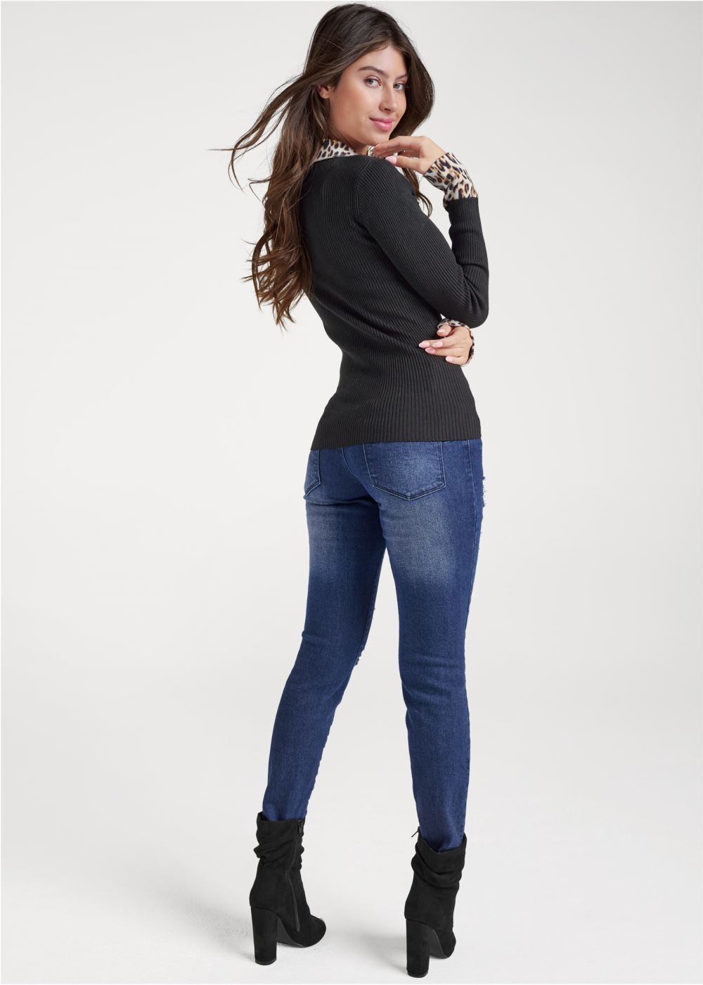 Venus Plus Size Zipper Front Cardigan in Black Multi