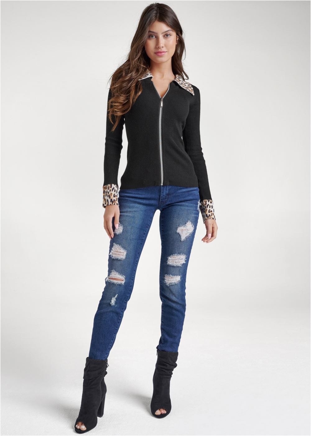 Venus Plus Size Zipper Front Cardigan in Black Multi