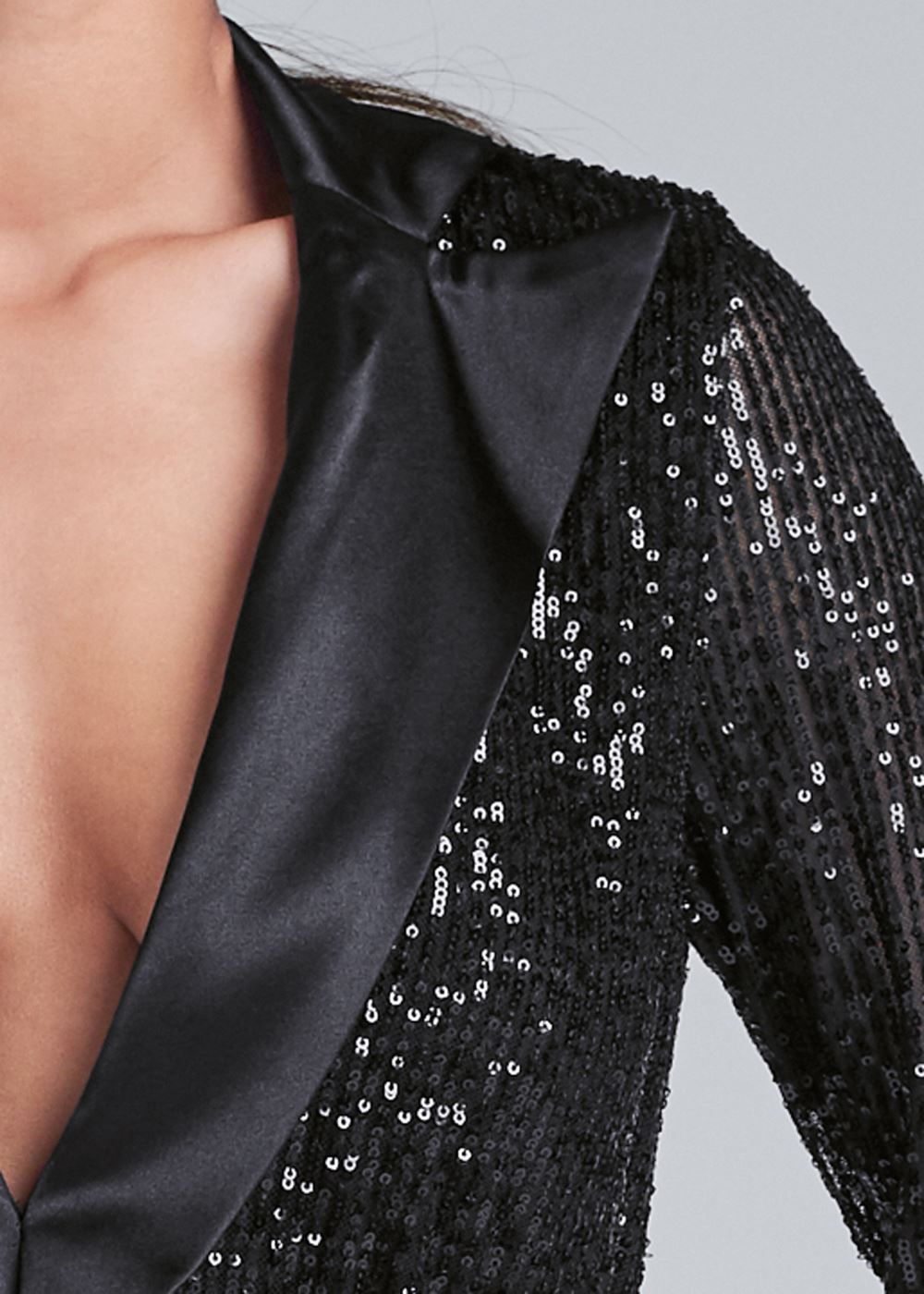 Venus Plus Size Sequin Tuxedo Romper in Black