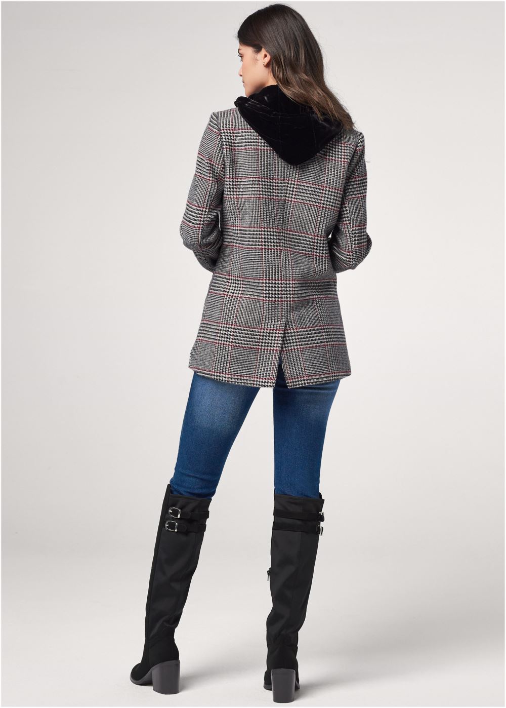 Venus Plaid And Velvet Hood Coat in Black Multi