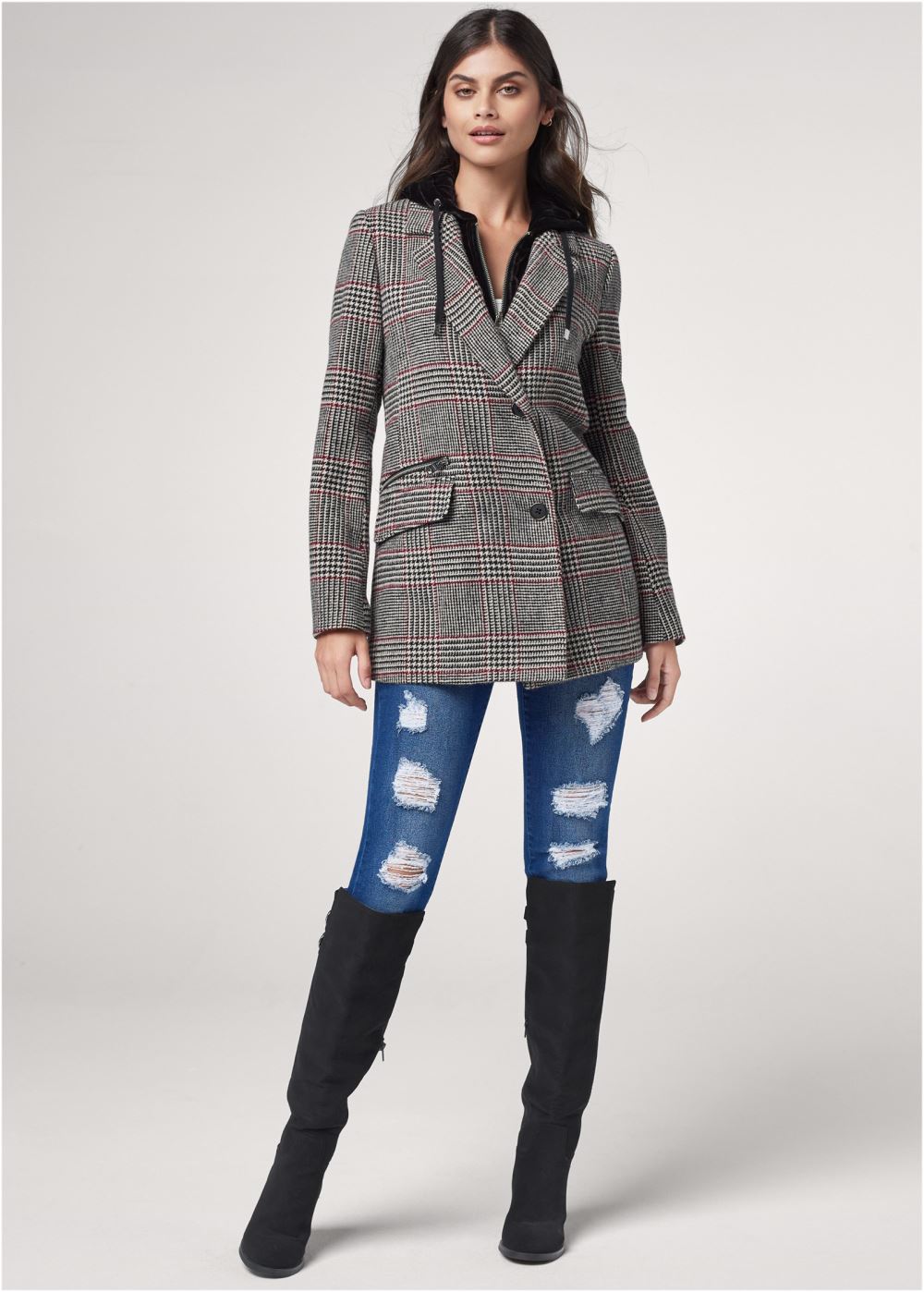 Venus Plaid And Velvet Hood Coat in Black Multi