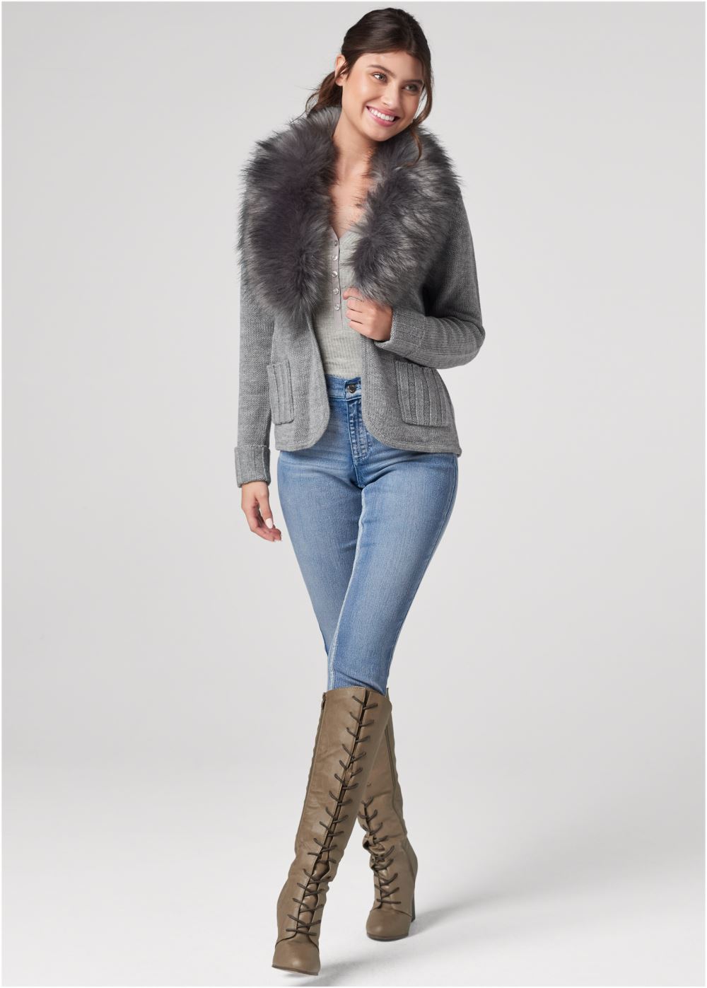 Venus Plus Size Faux Fur Trim Cardigan in Grey