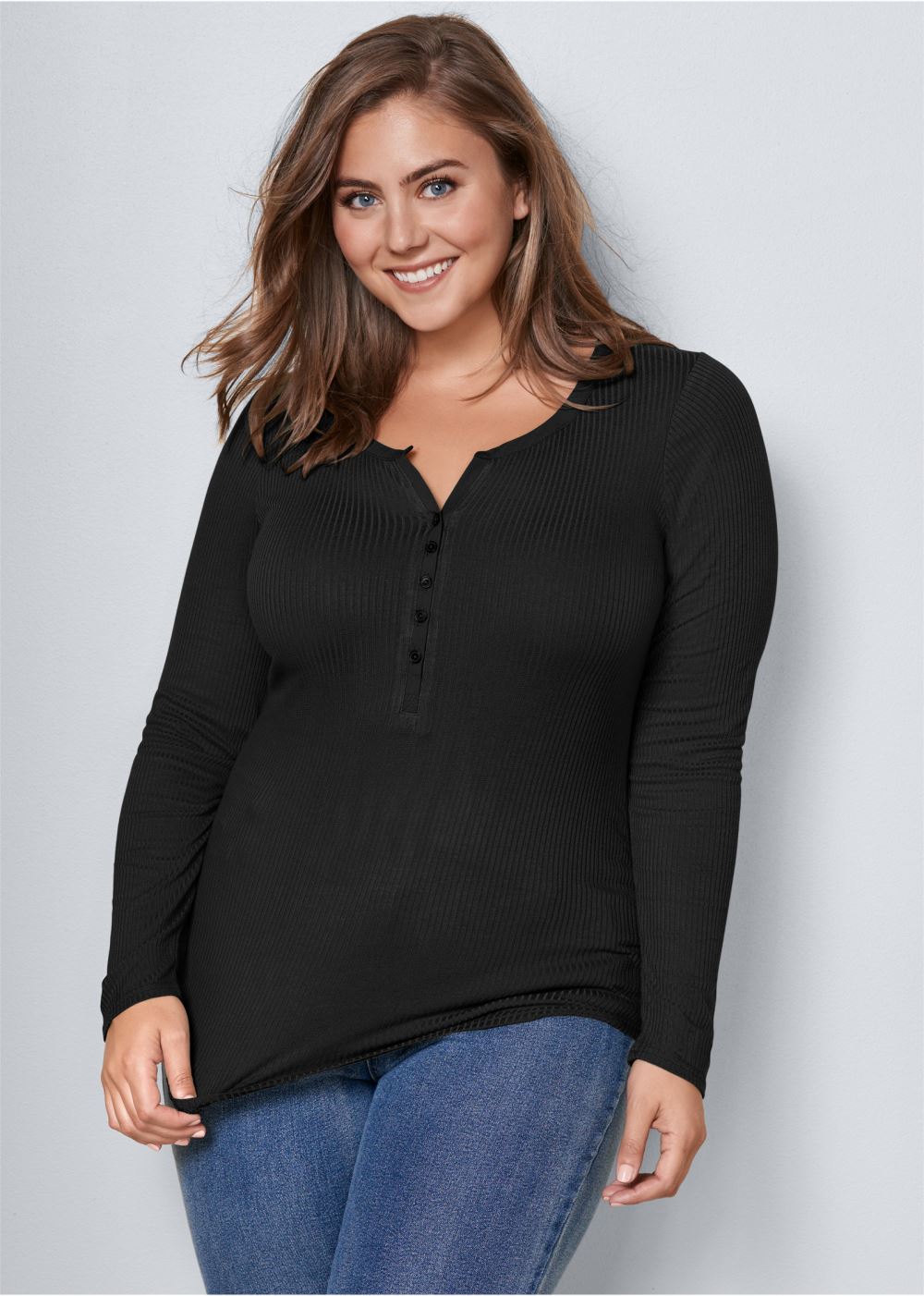 Venus Plus Size Ribbed Henley Top