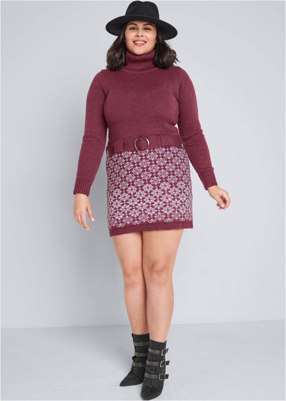 Venus Maroon BELTED SWEATER DRESS