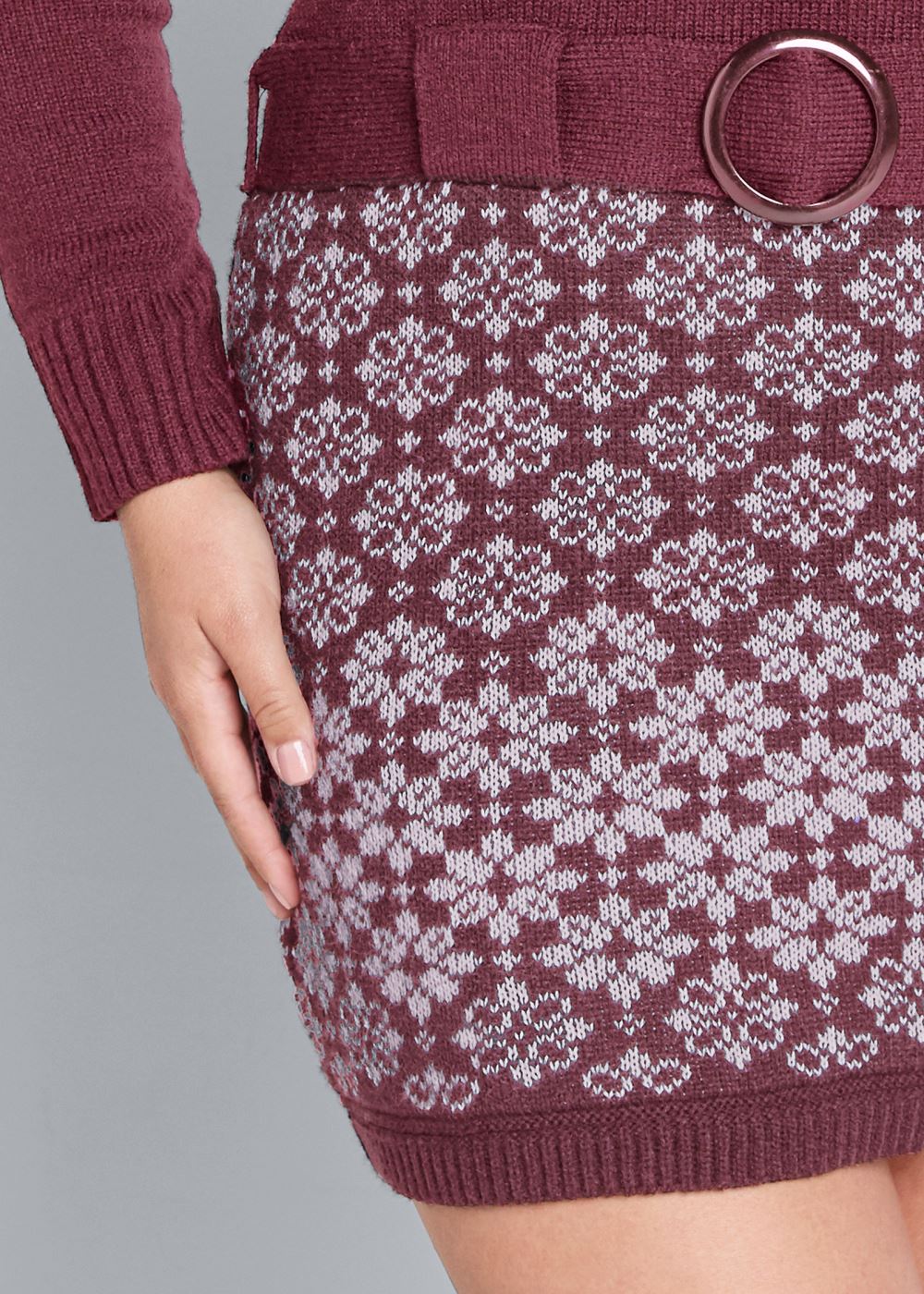 Venus Maroon BELTED SWEATER DRESS