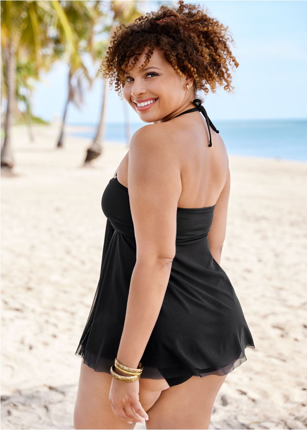 Venus Plus Size Flowing Bandeau Tankini Top Bikini - Black Beauty