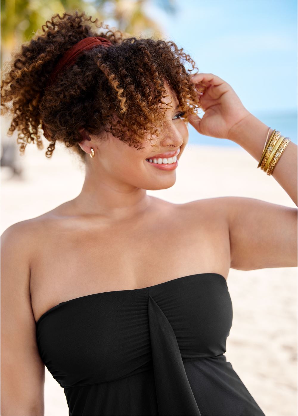 Venus Plus Size Flowing Bandeau Tankini Top Bikini - Black Beauty