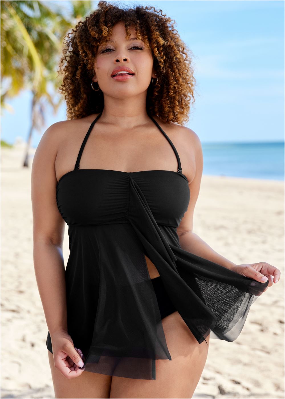 Venus Plus Size Flowing Bandeau Tankini Top Bikini - Black Beauty