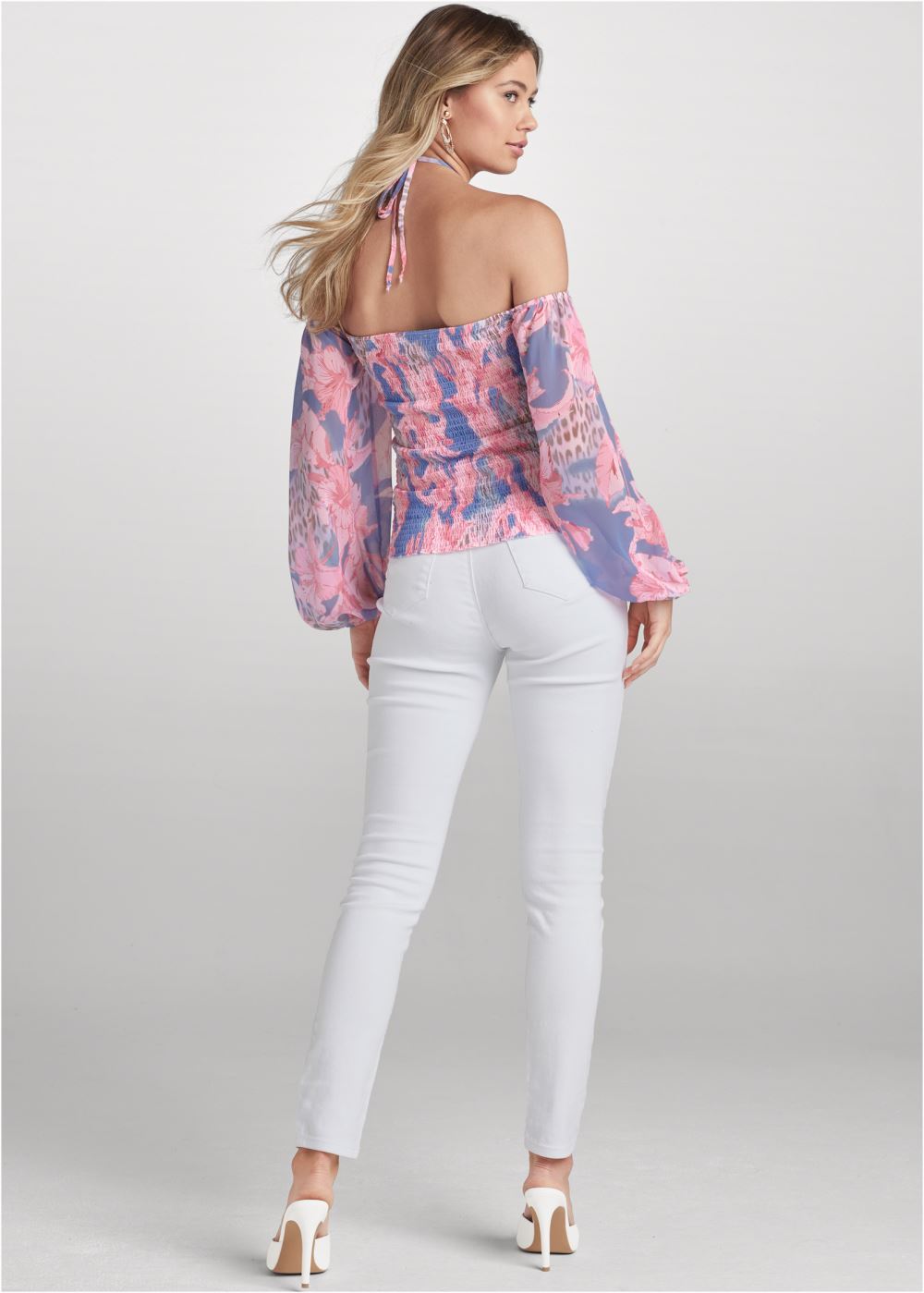 Venus Plus Size Floral Y-Neck Smocked Top