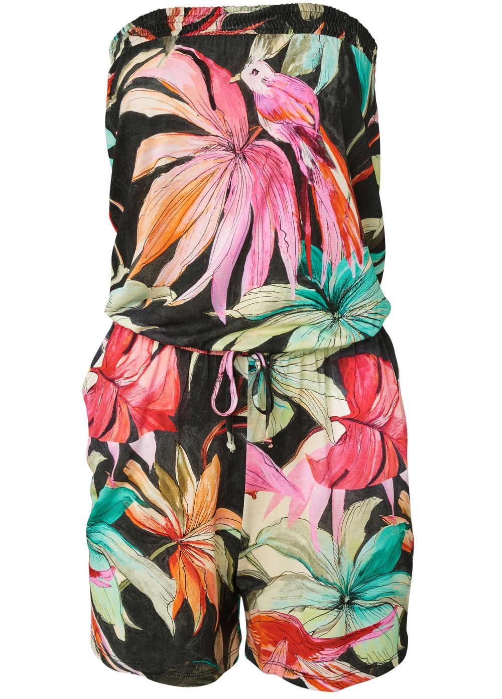 Venus Plus Size Strapless Floral Romper in Black Multi