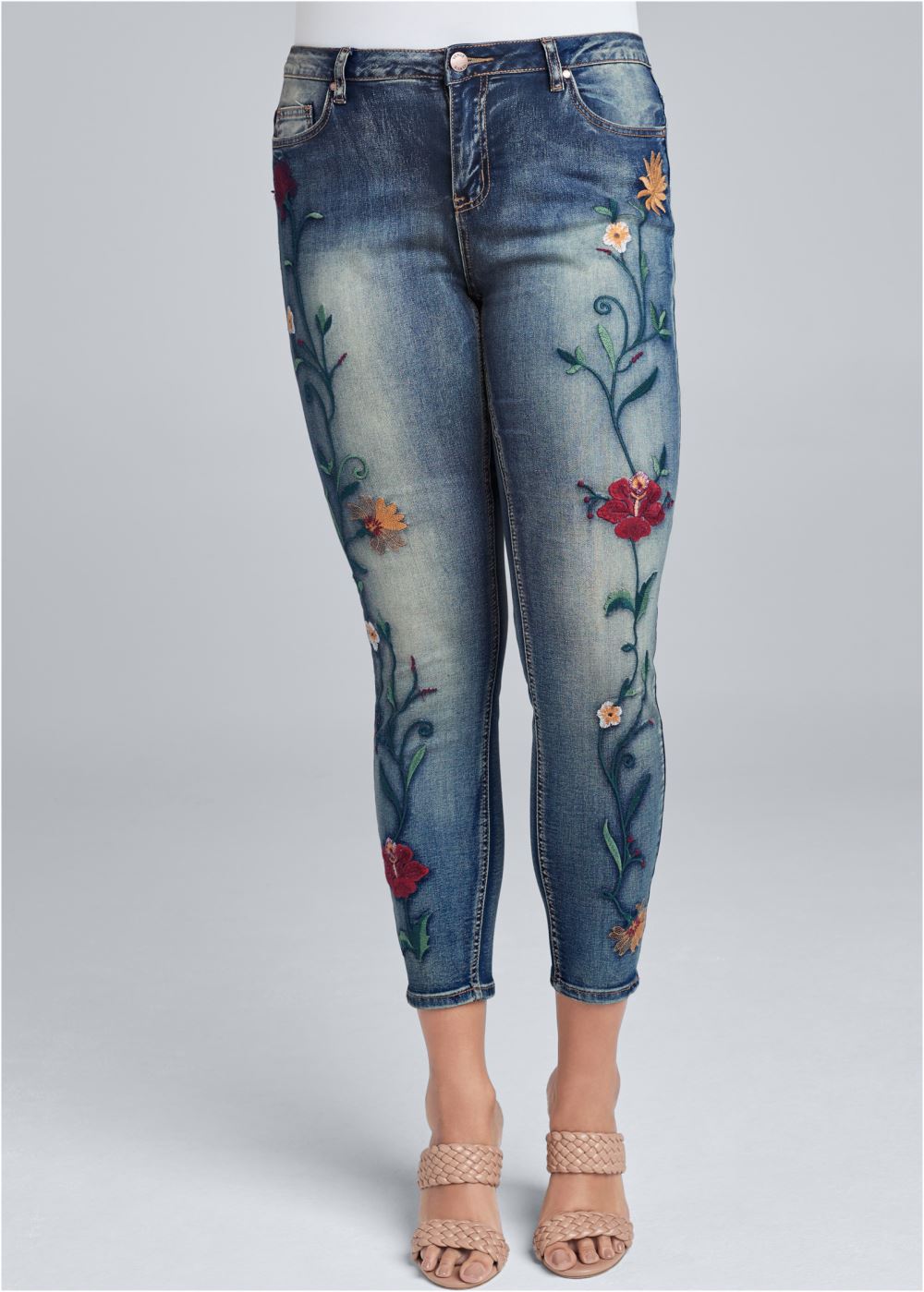 Venus Plus Size Floral Embroidered Skinny Jeans in Medium Wash