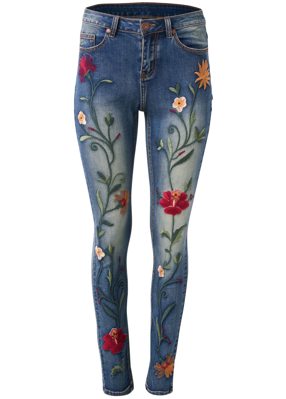 Venus Plus Size Floral Embroidered Skinny Jeans in Medium Wash