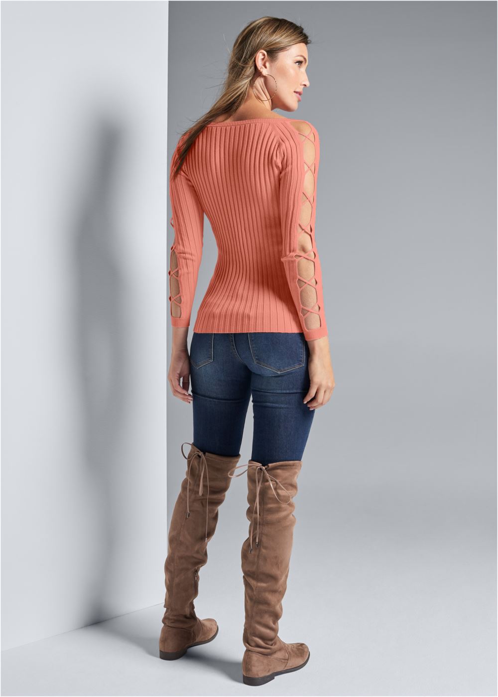 Venus Plus Size Sleeve Detail Sweater in Coral