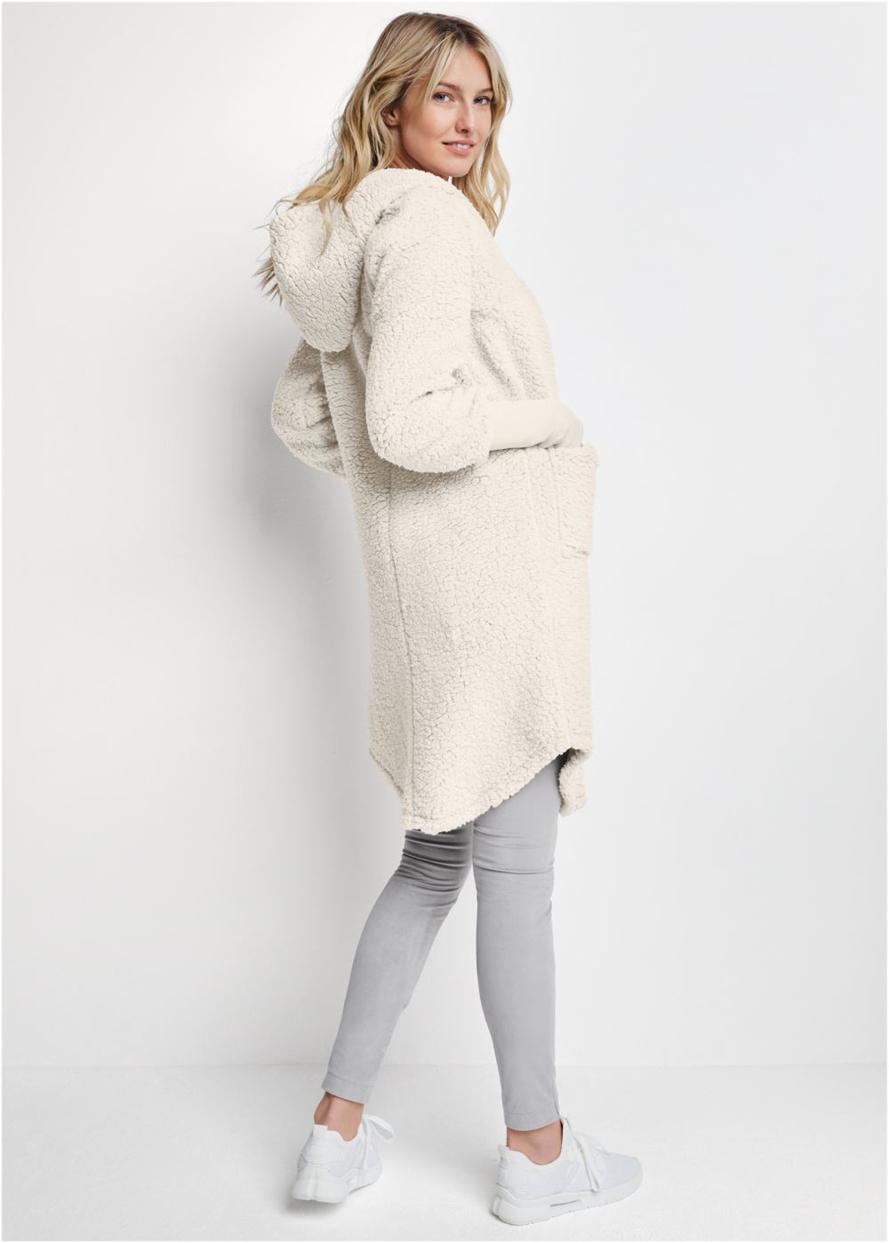 Venus Plus Size Cozy Sherpa High-Low Jacket in Beige