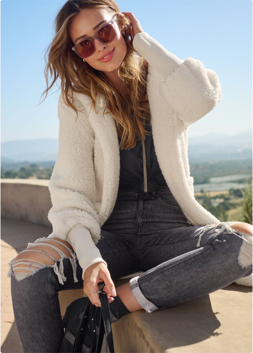 Venus Plus Size Cozy Sherpa High-Low Jacket in Beige