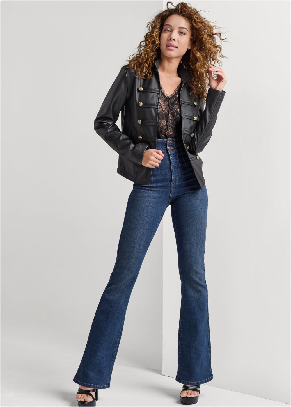 Venus Faux-Leather Military Jacket in Black