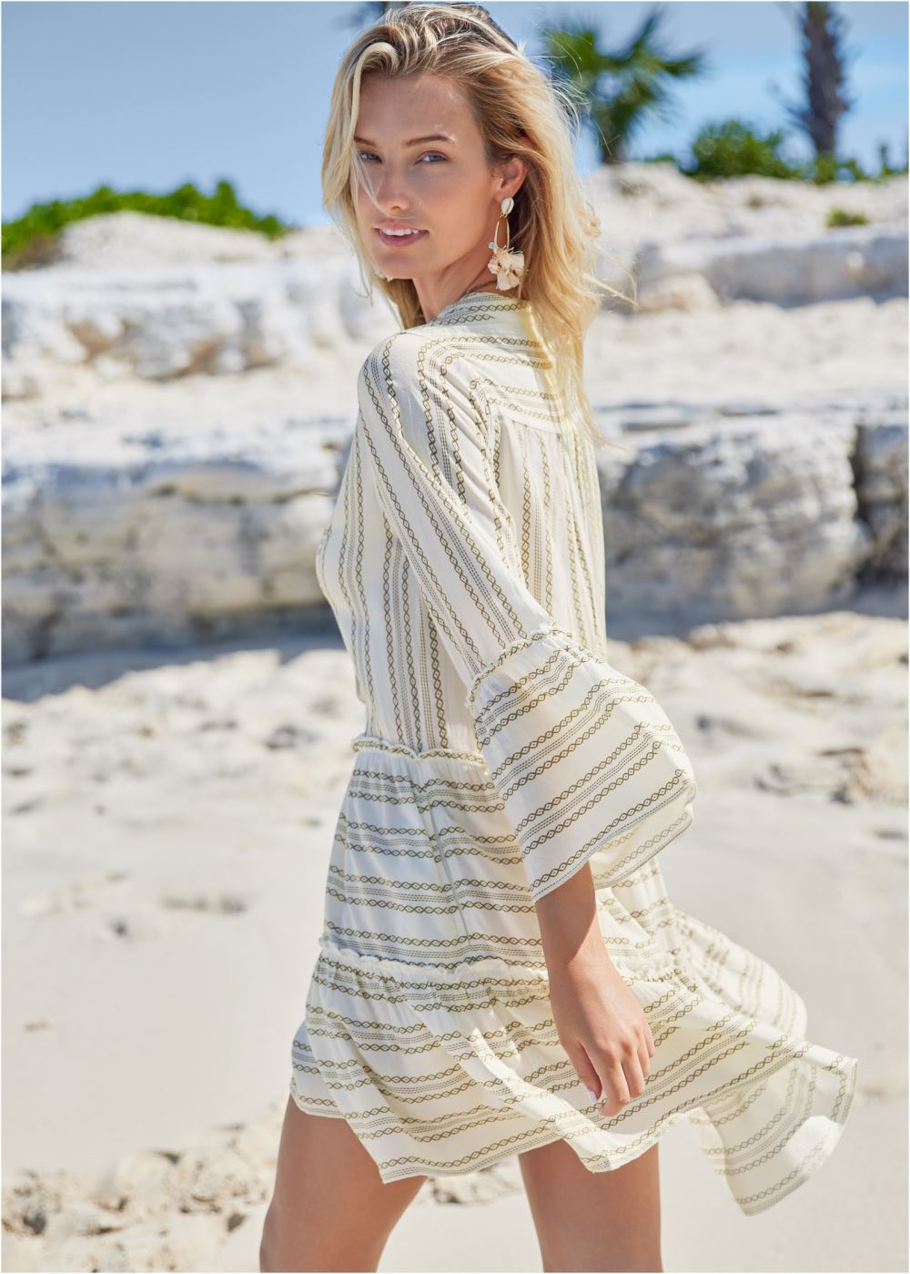 Venus Ruffle Cover-Up Dress in Taupe & White