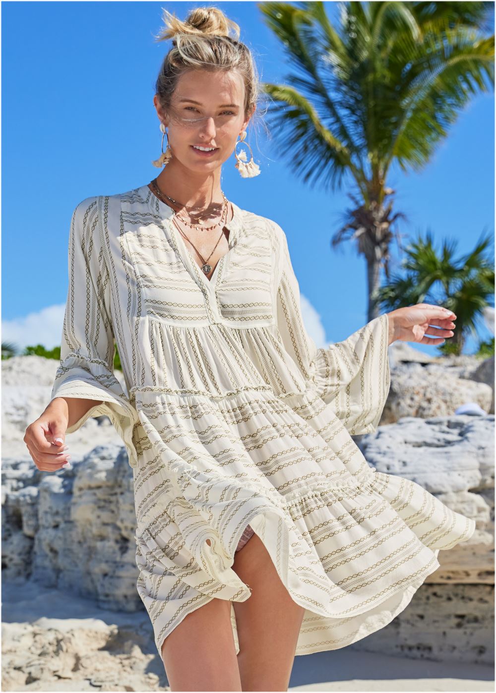 Venus Ruffle Cover-Up Dress in Taupe & White