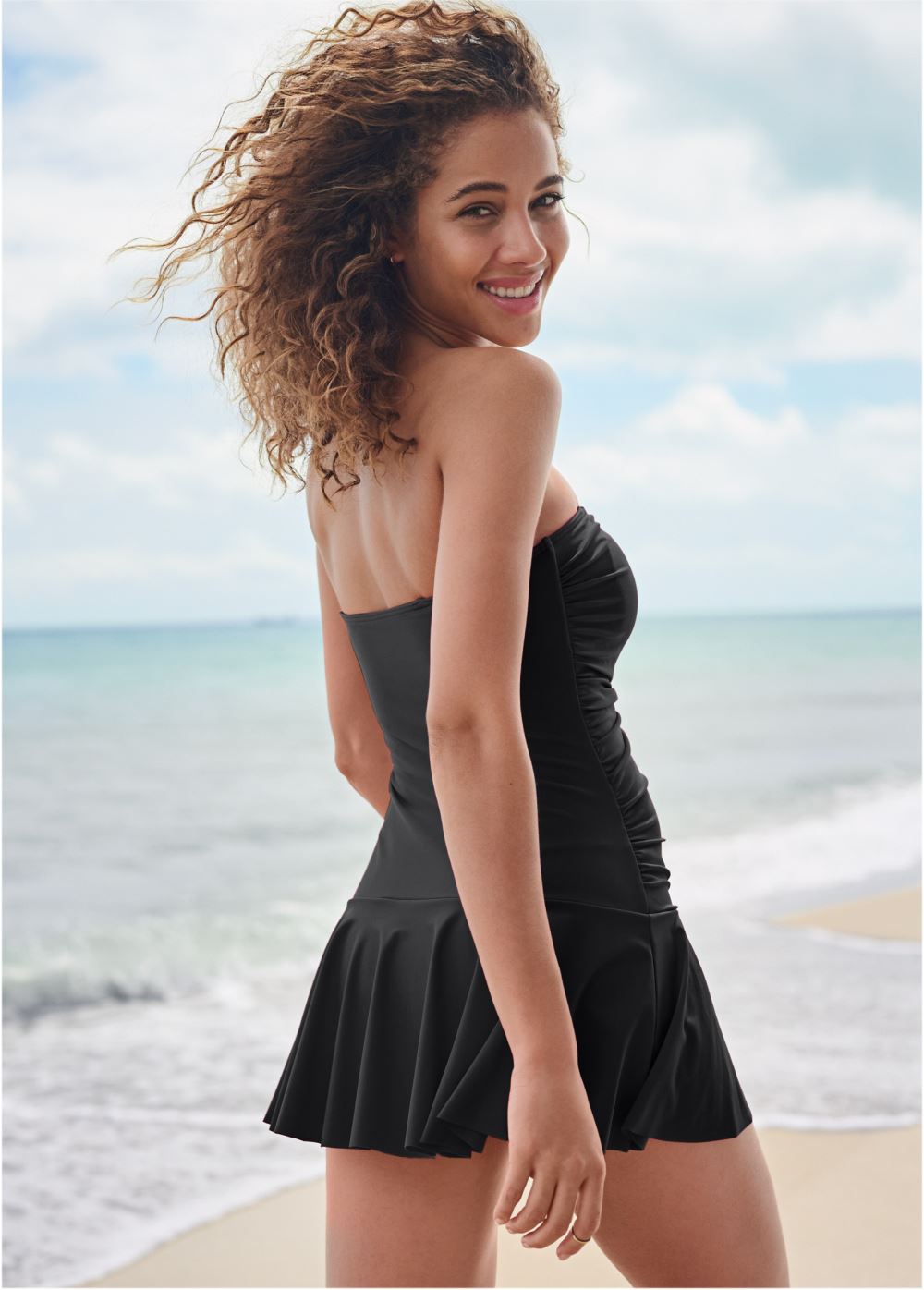 Venus Skirted Bandeau One-Piece Swimsuit in Black Beauty