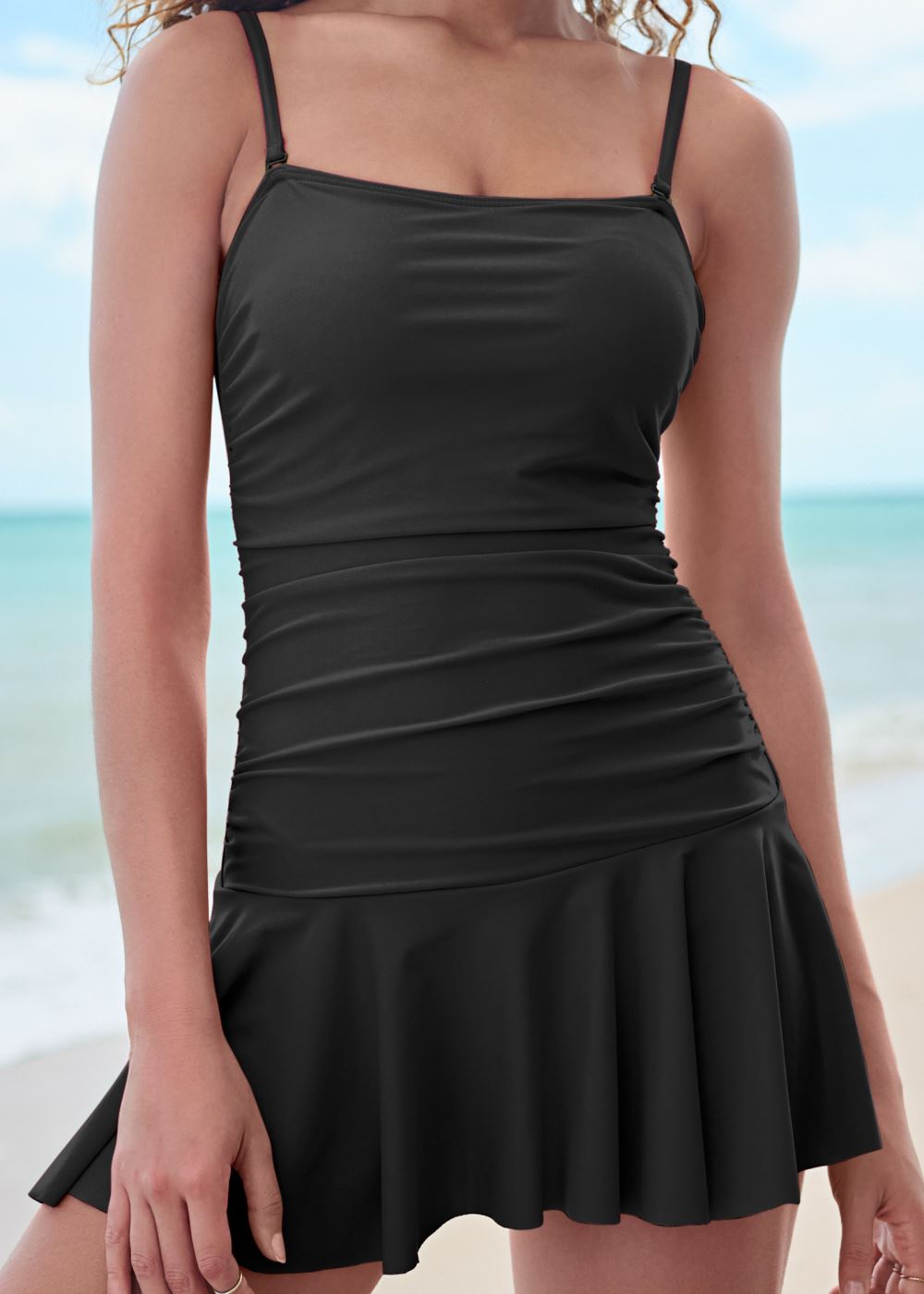 Venus Skirted Bandeau One-Piece Swimsuit in Black Beauty