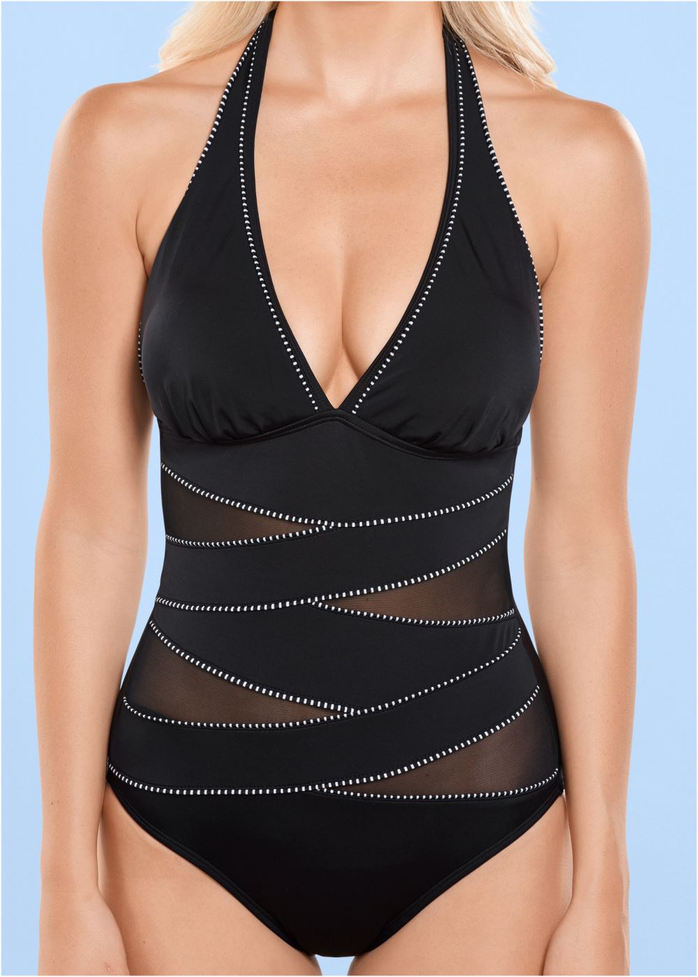 Venus Peek-A-Boo Halter One-Piece Swimsuit in Black & White