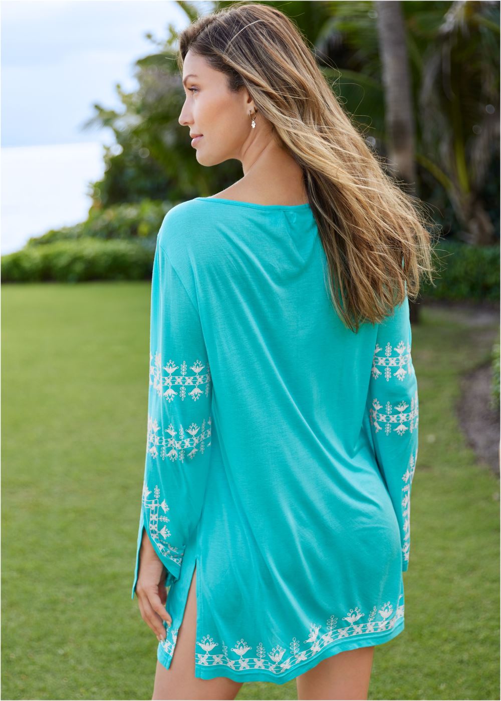 Venus Long Sleeve Cover-Up Dress in Aqua & White