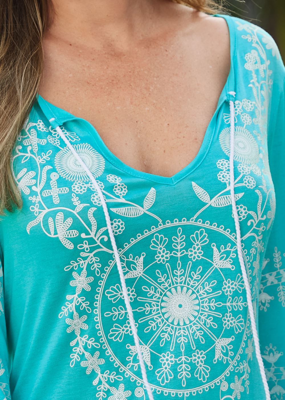 Venus Long Sleeve Cover-Up Dress in Aqua & White
