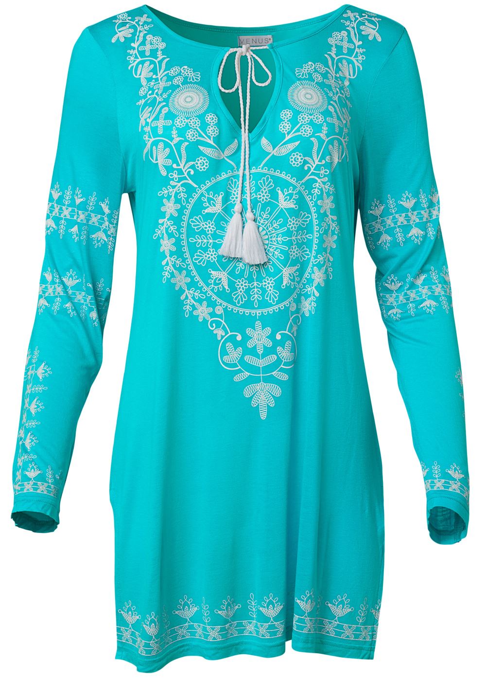 Venus Long Sleeve Cover-Up Dress in Aqua & White